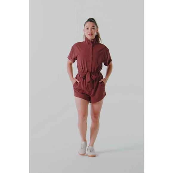 Fabletics Ripstop Short Onesie Romper Sepia Brown Grid Plaid Gorpcore Mock Neck - Picture 1 of 4
